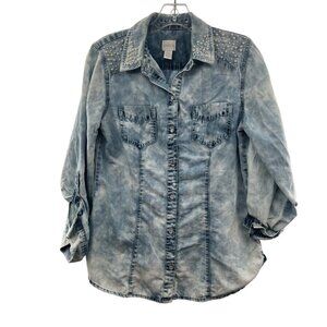 Chico's Women's Pearl Accent Button Up Denim Top Long Roll Tab Sleeve Small